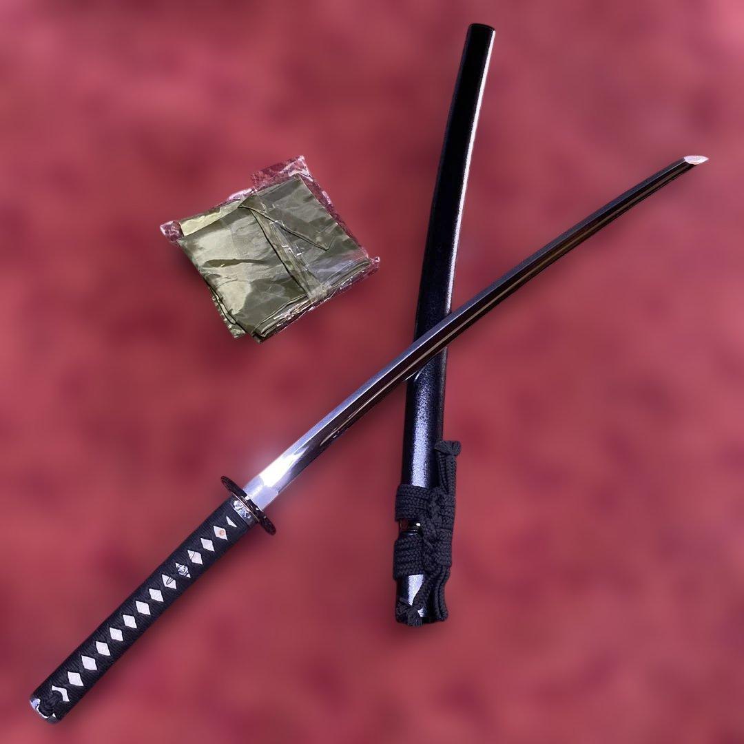 女性•少年向き高級居合刀(刀袋付) 黒柄 鶴羽透し丸鍔