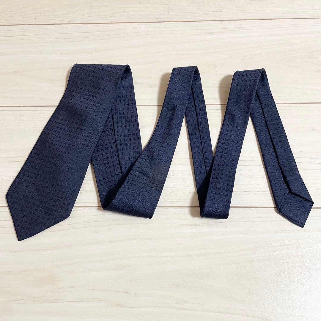 HERMES　エルメス　ネクタイ　ファソネ　H柄　H織　ネイビー　紺色　シルク
