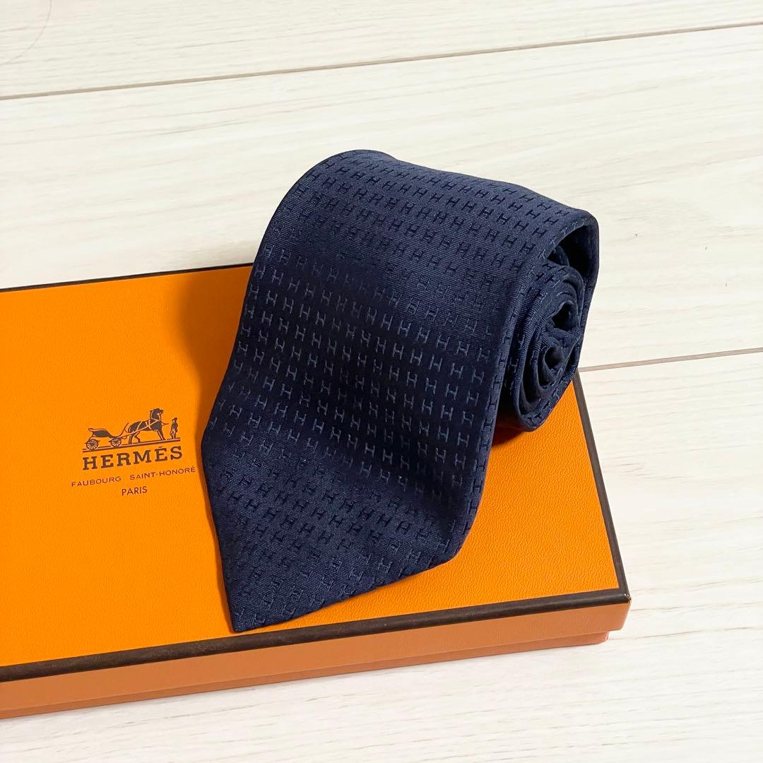 HERMES　エルメス　ネクタイ　ファソネ　H柄　H織　ネイビー　紺色　シルク
