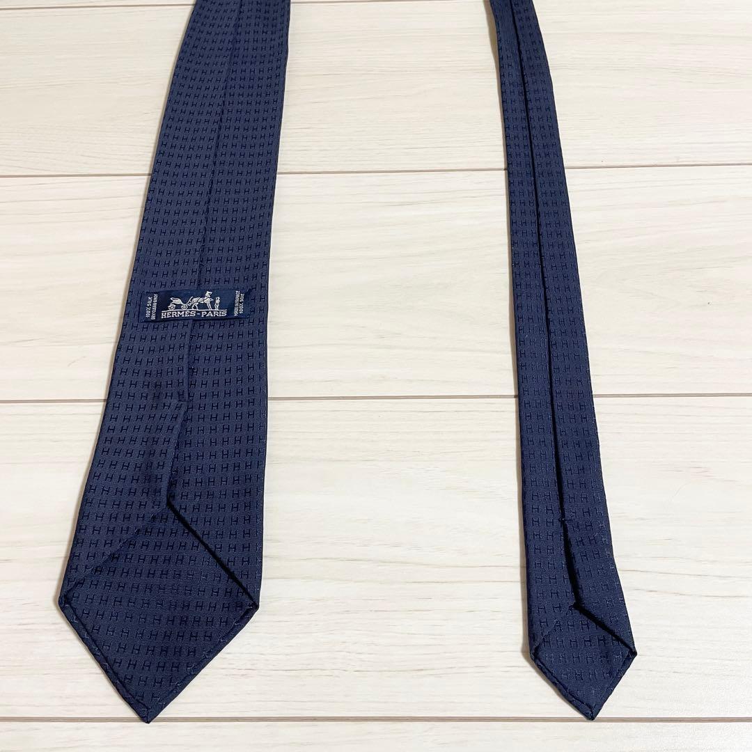 HERMES　エルメス　ネクタイ　ファソネ　H柄　H織　ネイビー　紺色　シルク