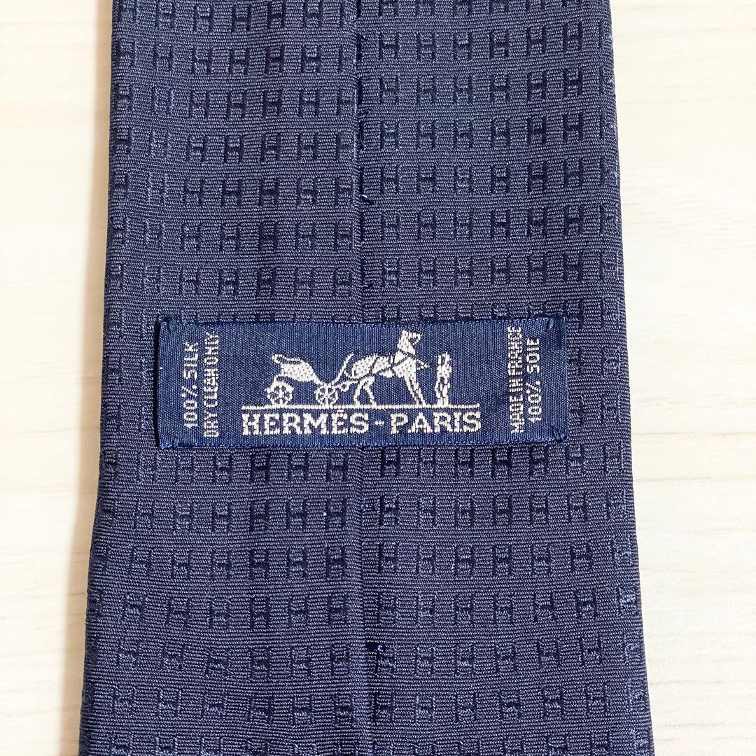 HERMES　エルメス　ネクタイ　ファソネ　H柄　H織　ネイビー　紺色　シルク