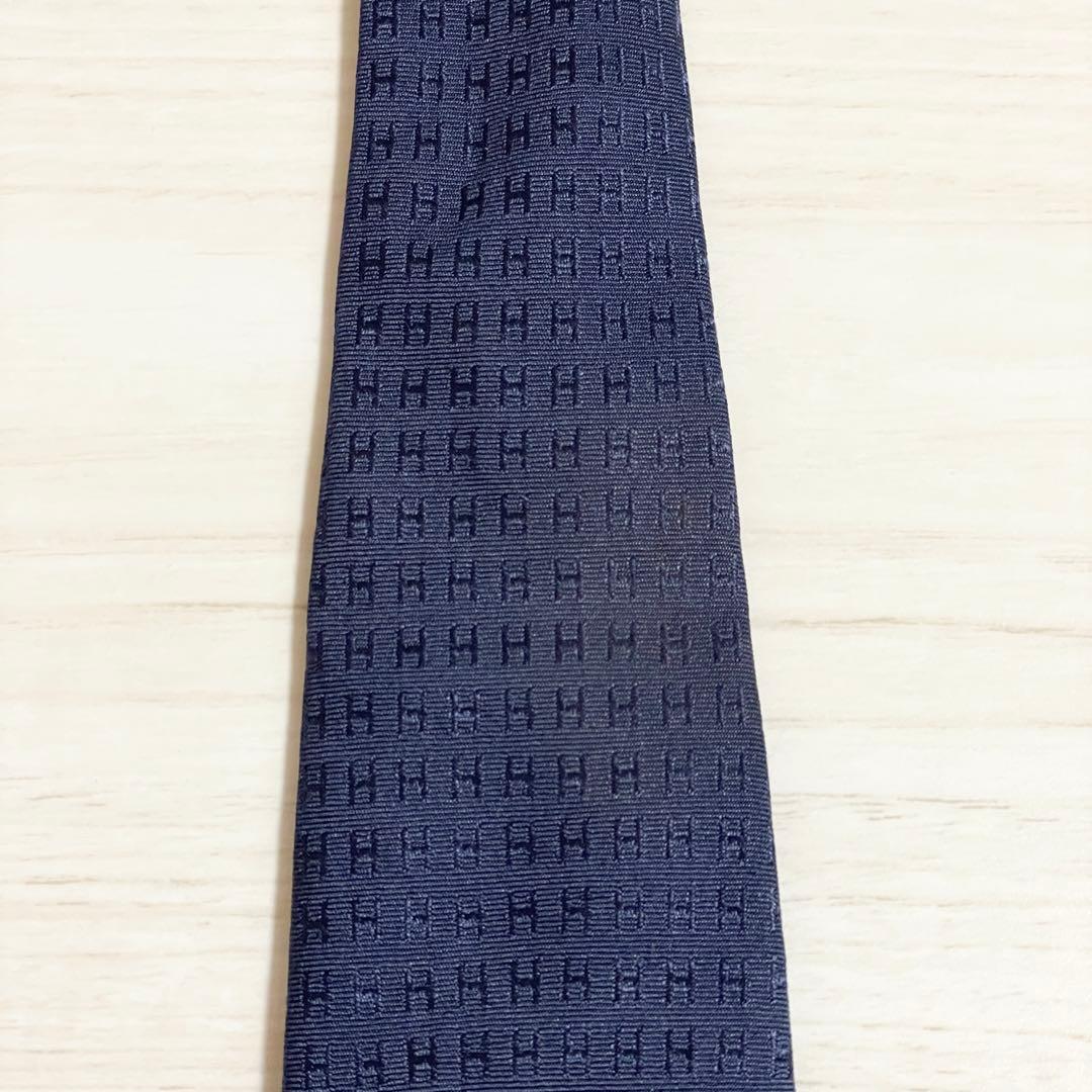 HERMES　エルメス　ネクタイ　ファソネ　H柄　H織　ネイビー　紺色　シルク