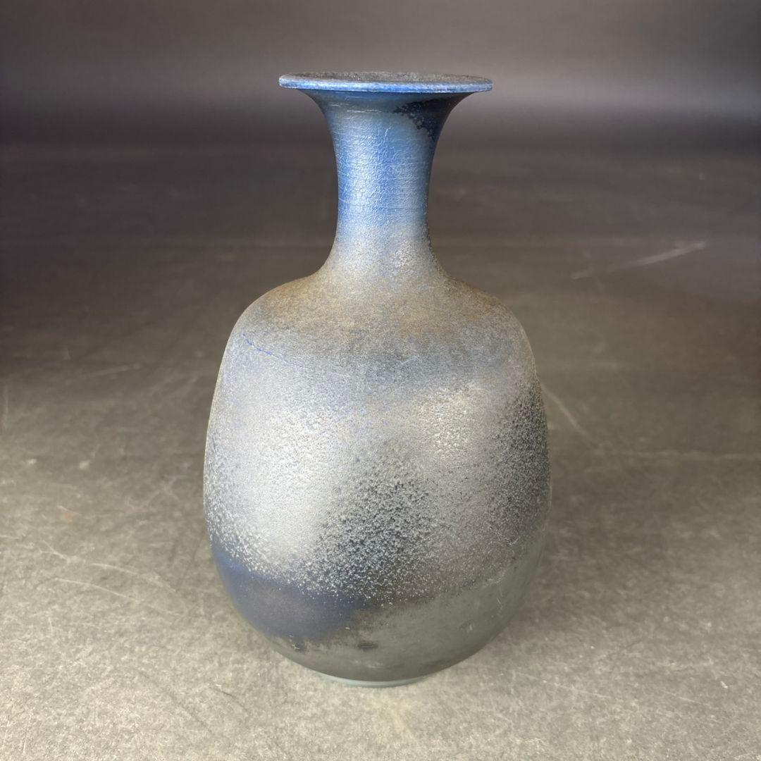 備前焼　県無形文化財　松井與之　藍彩　花生　共箱