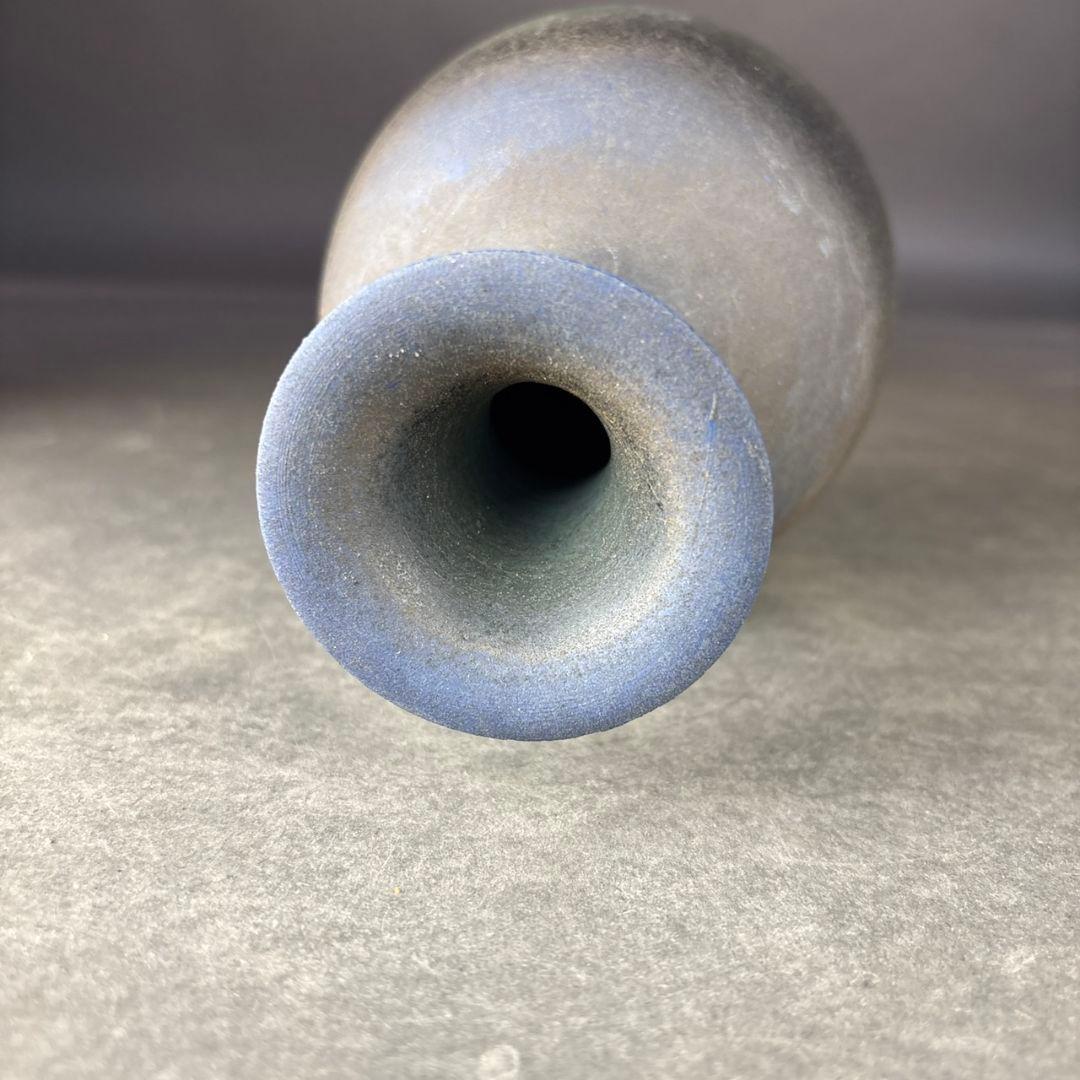 備前焼　県無形文化財　松井與之　藍彩　花生　共箱