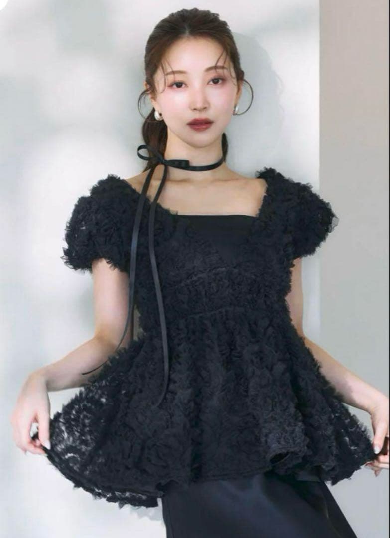 試着のみpolauraフラワーぺプラムバックリボンチュニック Black