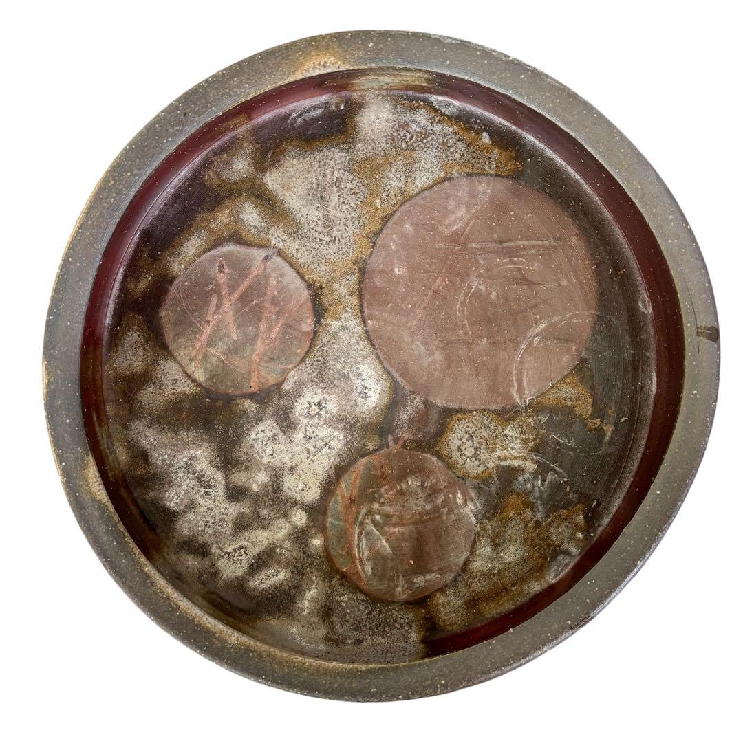 備前焼　水盤　花器　直径32㎝　新品　未使用品　銘有り　素朴な風合い　多彩な窯変