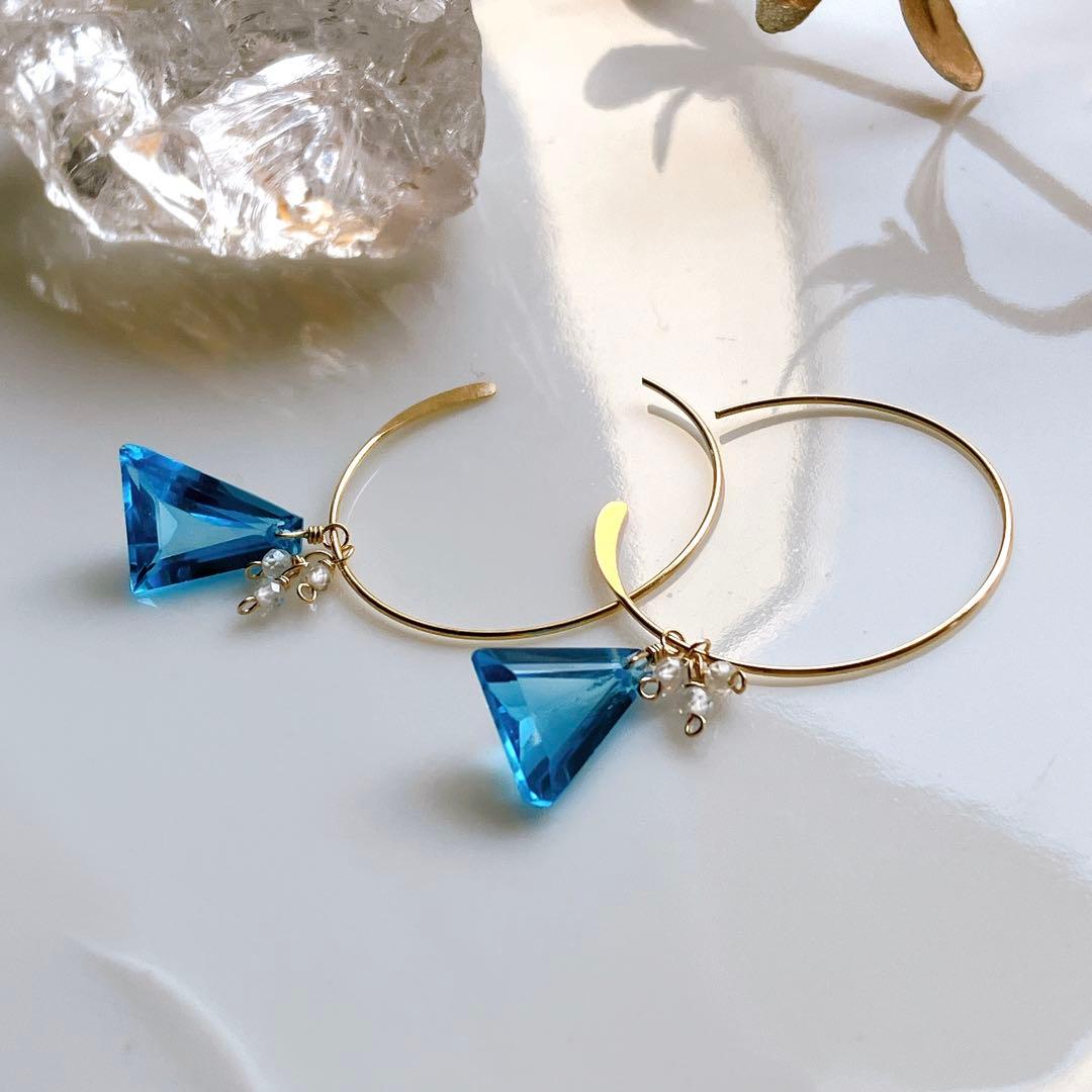 桃色の雲◆希少✧スイスブルートパーズ フープピアス✧トリリアントカット