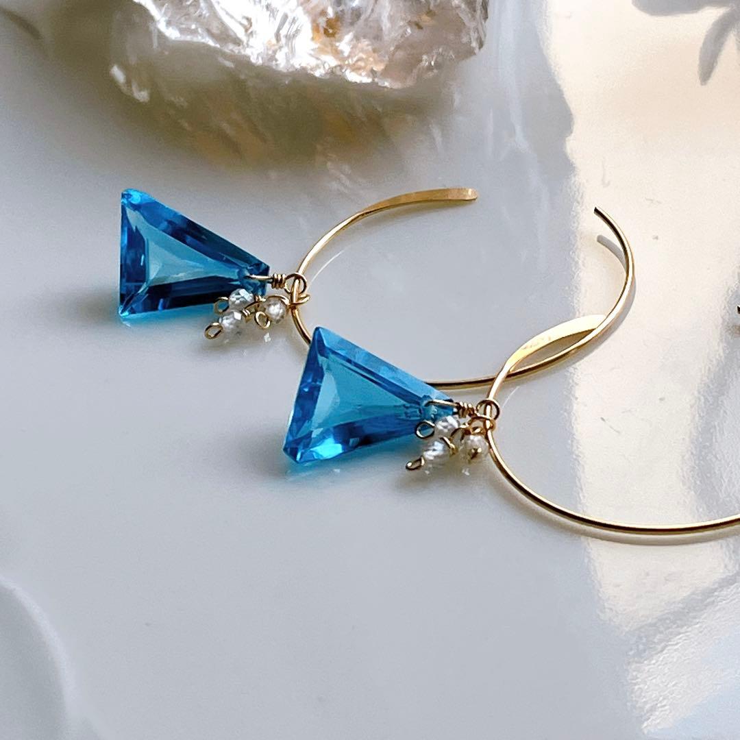 桃色の雲◆希少✧スイスブルートパーズ フープピアス✧トリリアントカット