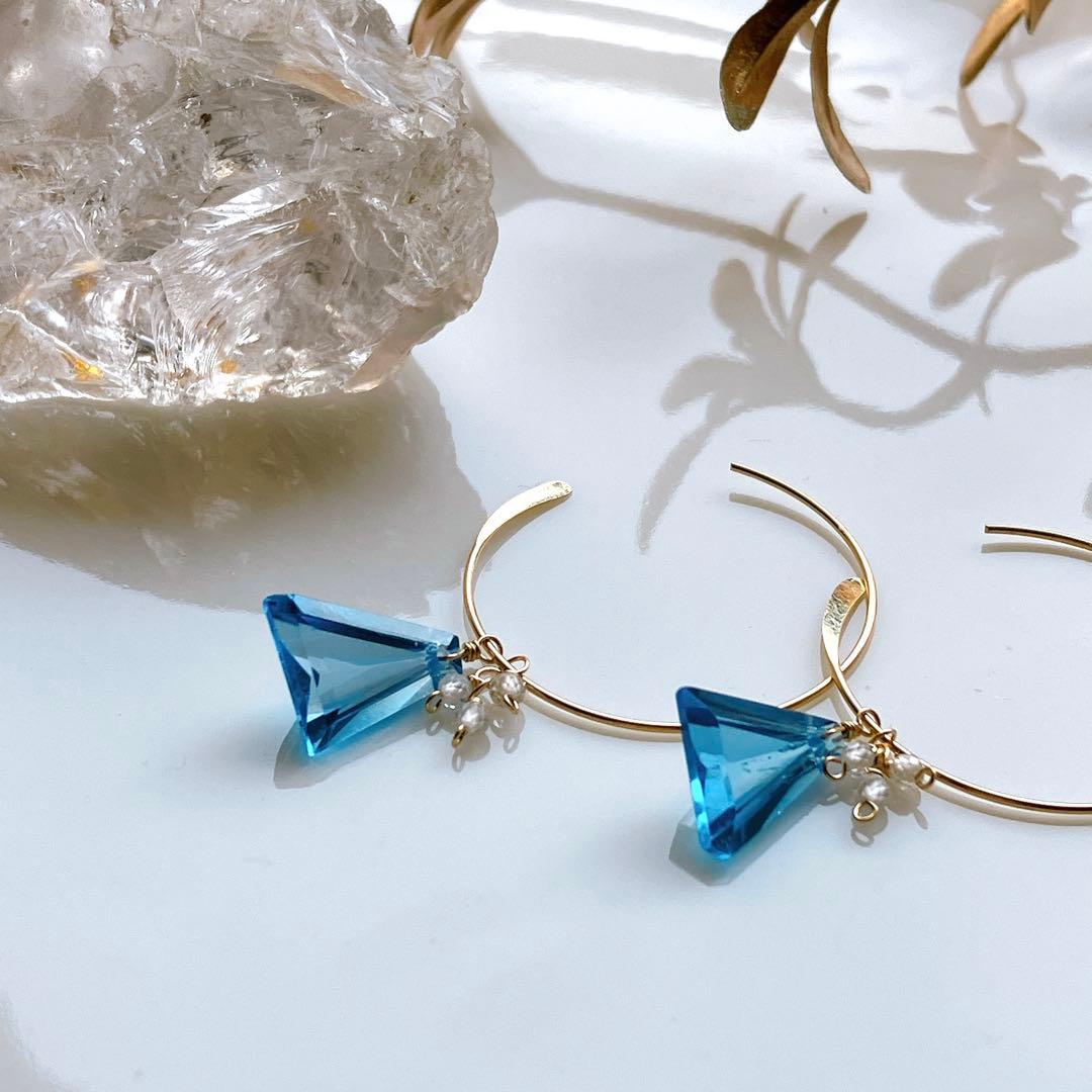 桃色の雲◆希少✧スイスブルートパーズ フープピアス✧トリリアントカット