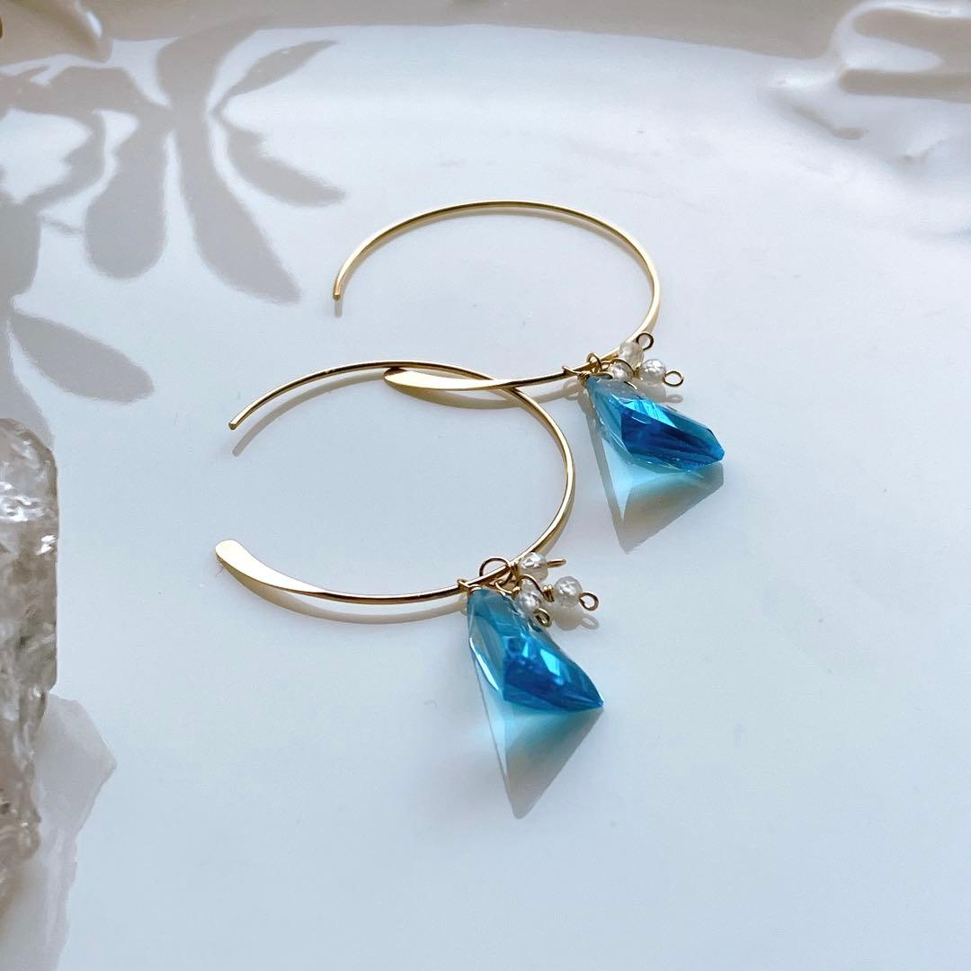 桃色の雲◆希少✧スイスブルートパーズ フープピアス✧トリリアントカット