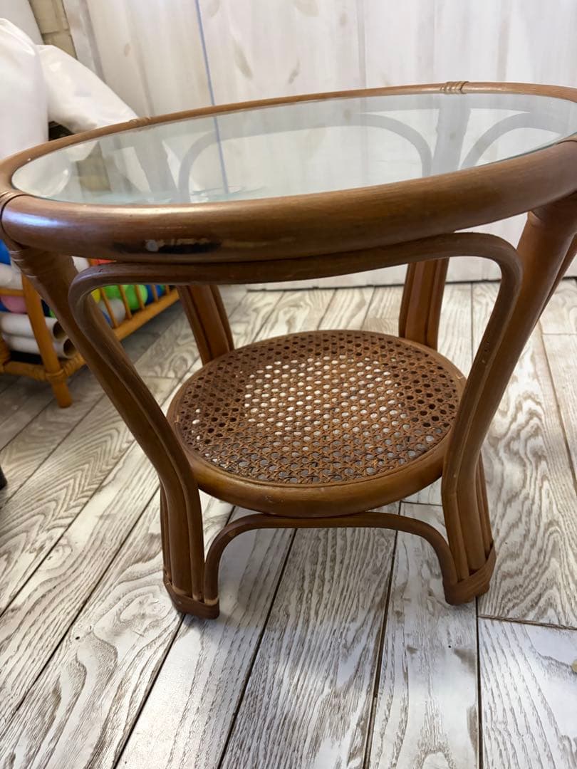 ラタン製ガラス天板サイドテーブル