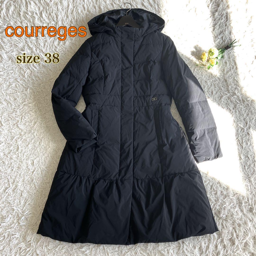 美品 クレージュ ダウンコート ダウンジャケット ロゴプレート ブラック 38