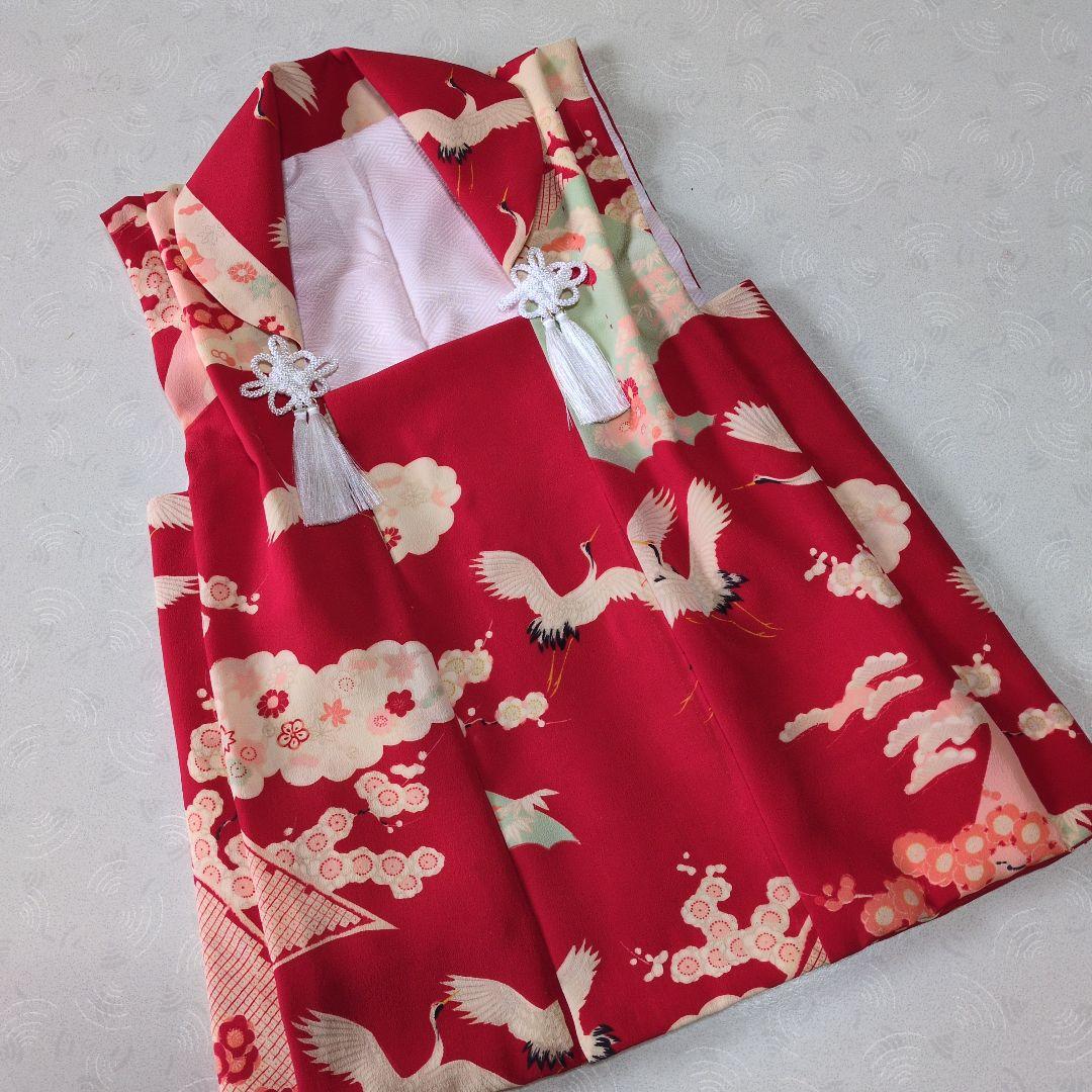 七五三３歳正絹赤色鶴柄の被布(中綿無し）