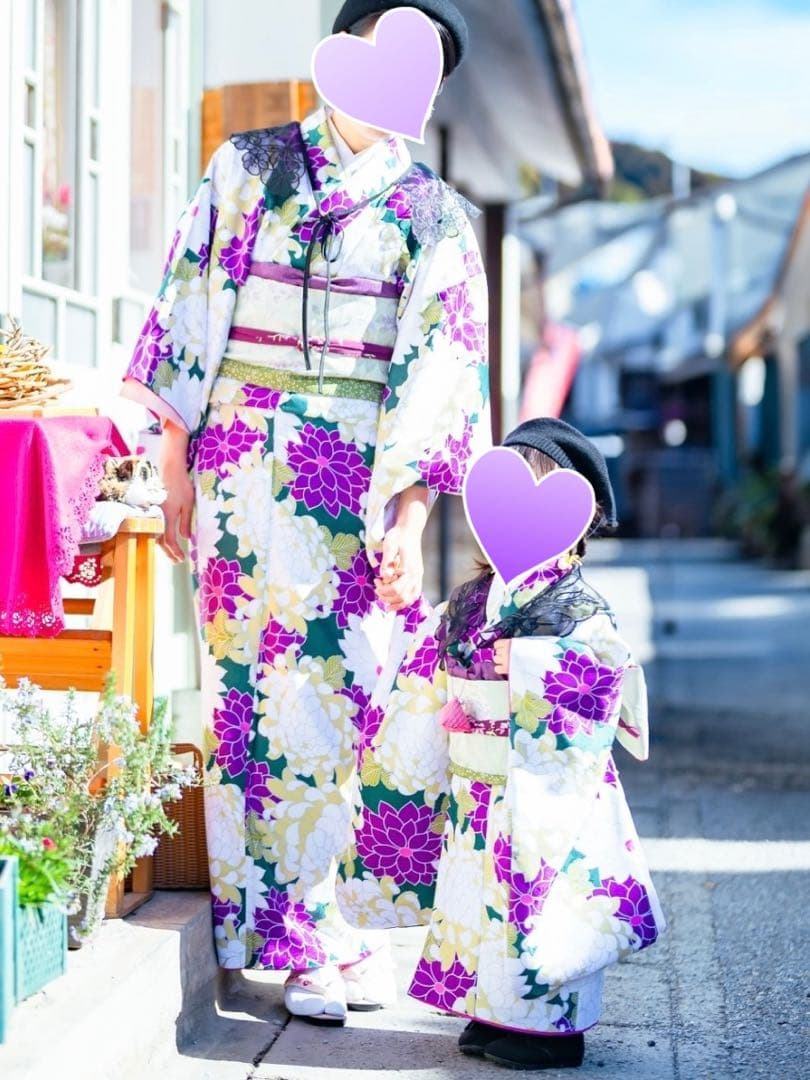 七五三　親子お揃い着物　親子リンクコーデ　ハンドメイド　グリーン緑紫パープル