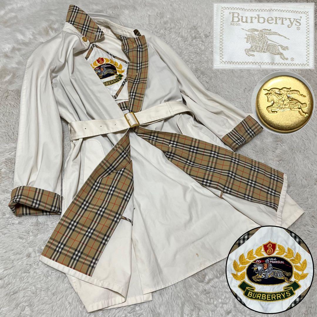 バーバリー　金ボタン　ノバチェック　ベルト　白系　ステンカラー　ロングコート