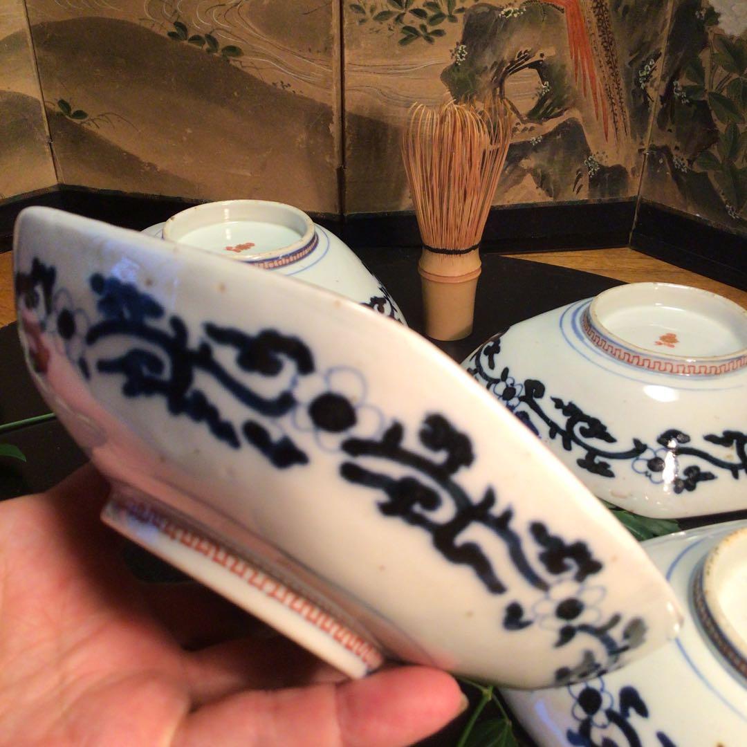 A884 古伊万里　染錦手　極上献上手　楼閣山水紋様　菱形　中皿　小鉢　5客