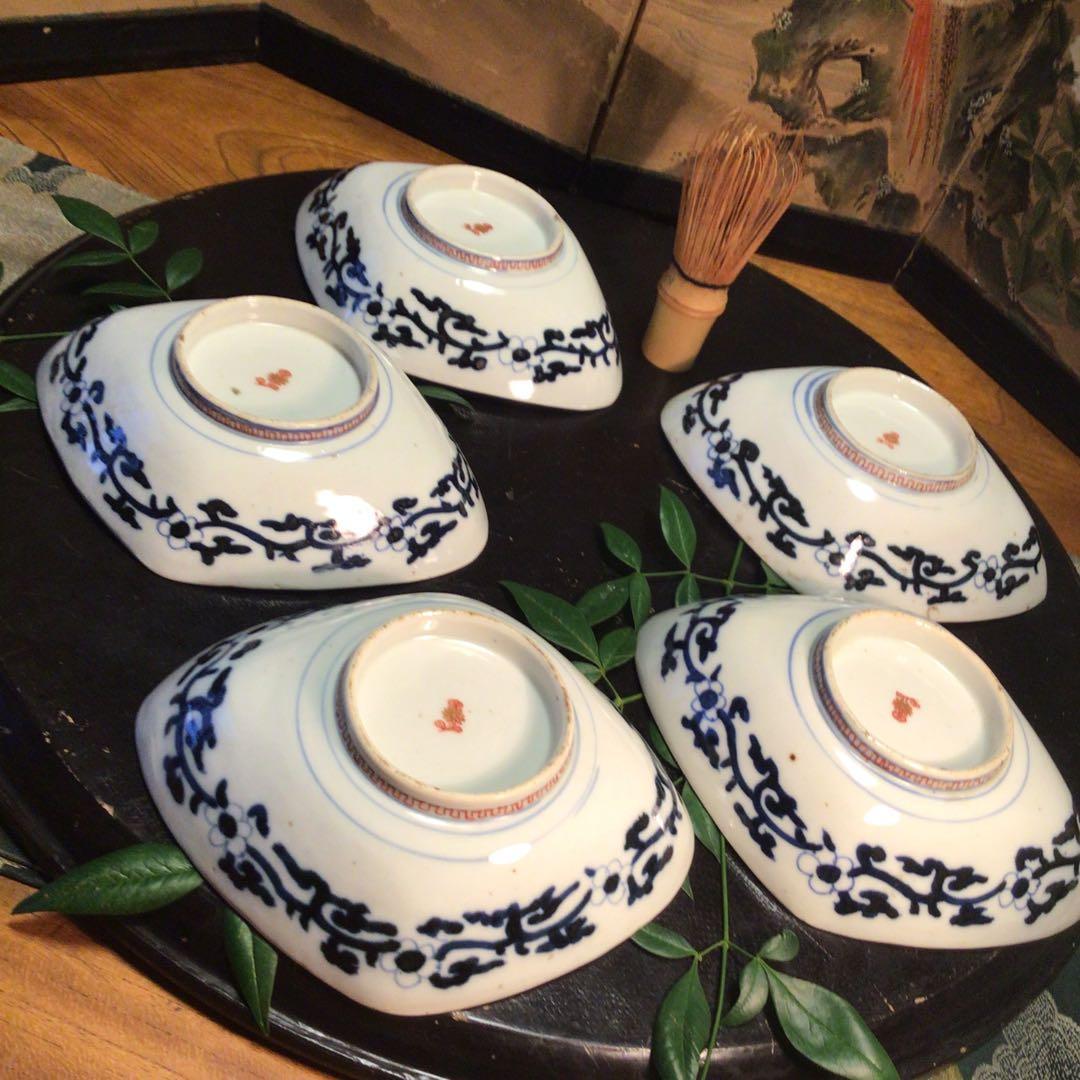 A884 古伊万里　染錦手　極上献上手　楼閣山水紋様　菱形　中皿　小鉢　5客