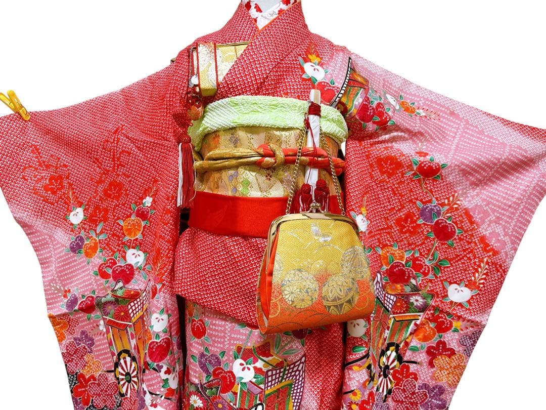 王道!!赤系鹿の子柄♡七五三　7歳　女の子　フルセット　一式　ピンク　ゴールド