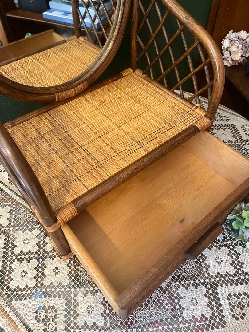 ドレッサー 置型 鏡 ミラー 籐 ラタン インテリア 昭和レトロ 当時物
