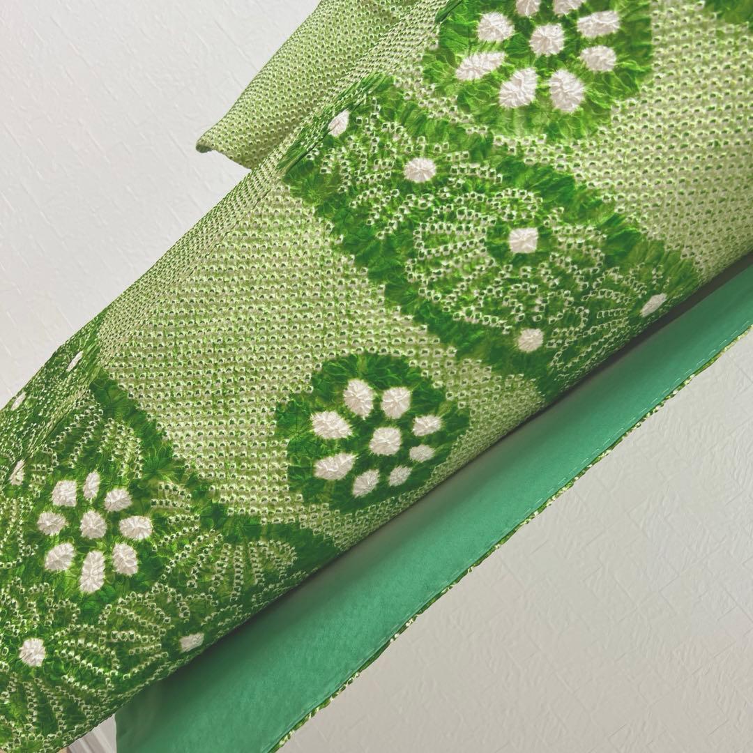 469 振袖フルセット 正絹 グリーン 緑 総絞り 駒刺繍 三越 百貨店 高級