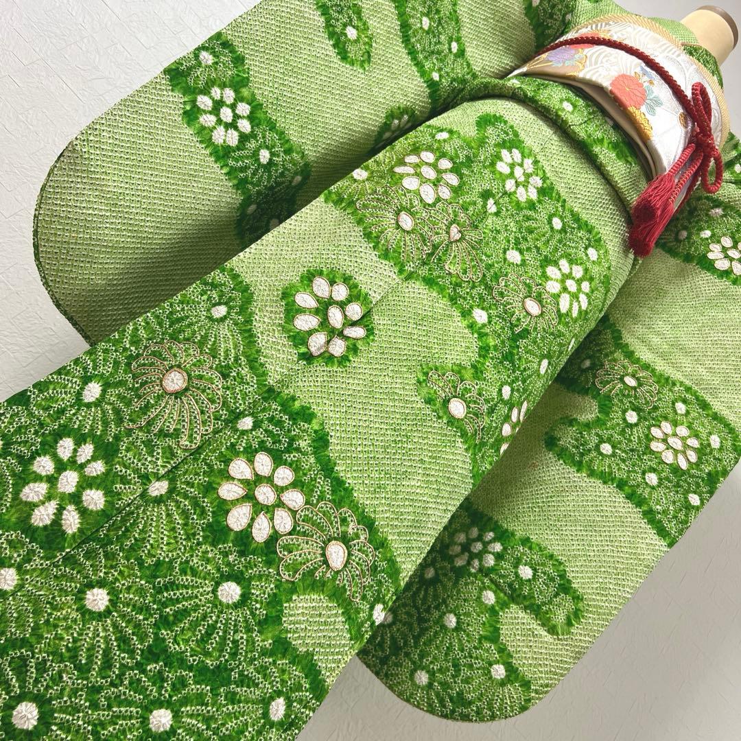 469 振袖フルセット 正絹 グリーン 緑 総絞り 駒刺繍 三越 百貨店 高級