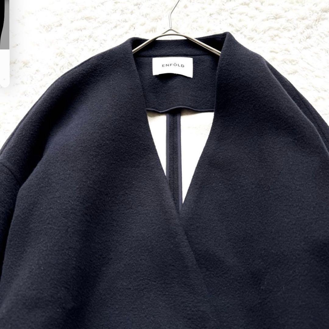美品✨エンフォルド ウールソフトリバーノーカラーコート ロング 紺M
