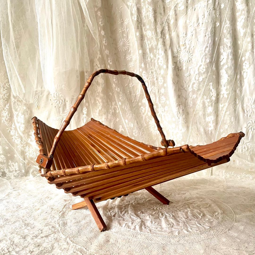 折り畳み式バンブーバスケット　パニエ　竹　北欧ヴィンテージ　デンマークかごカゴ籠