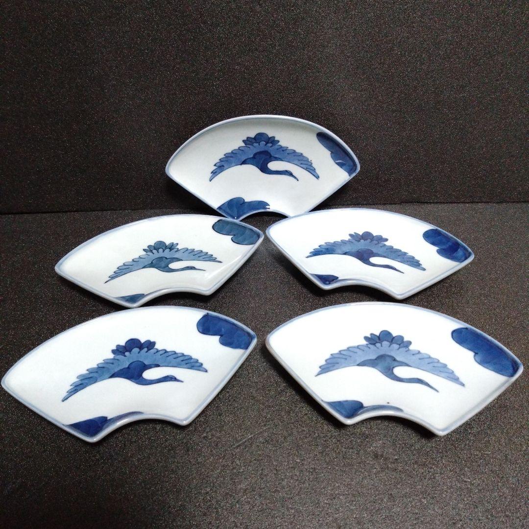 未使用 有田焼 源右衛門 扇形銘々皿5枚 鶴絵柄　お祝い