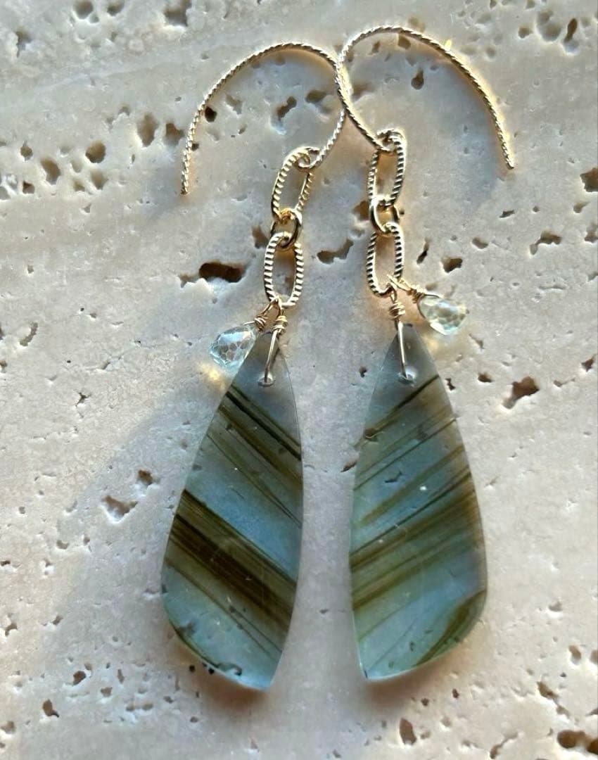 ブルーオブシディアン＆ジルコンのピアス　14kgf