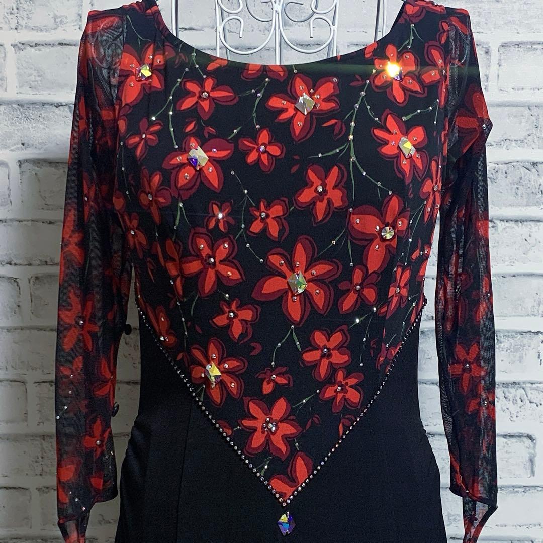 【in the MOOD】日本製　社交ダンス　花柄　赤黒カラー　ドレス　L