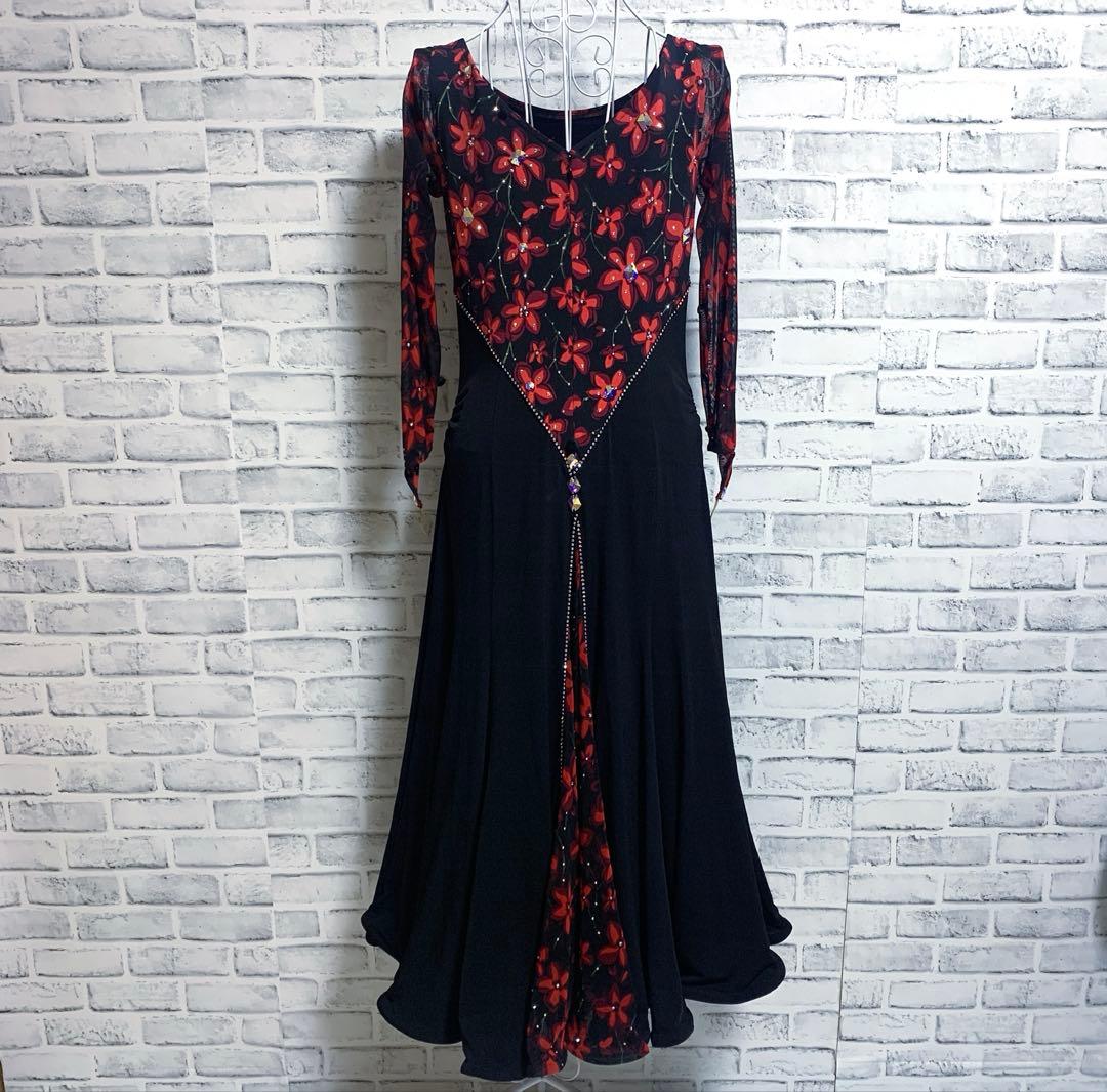 【in the MOOD】日本製　社交ダンス　花柄　赤黒カラー　ドレス　L