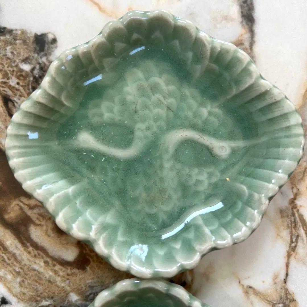 三田青磁 足付き 小皿 豆皿 6枚セット 双鶴 紋様