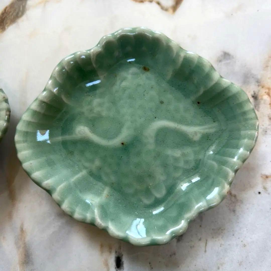 三田青磁 足付き 小皿 豆皿 6枚セット 双鶴 紋様