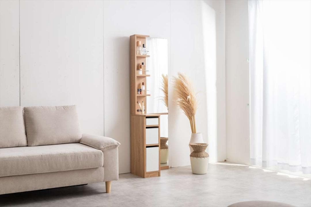 【送料無料】収納付全身姿見ドレッサー 鏡 コーナー コンセント付き 棚 収納