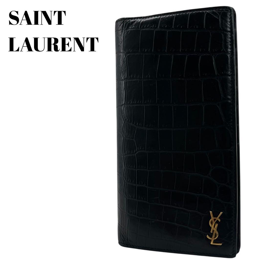 希少✨サンローラン 長財布 クロコ型押し YSL カサンドラ ブラック 黒