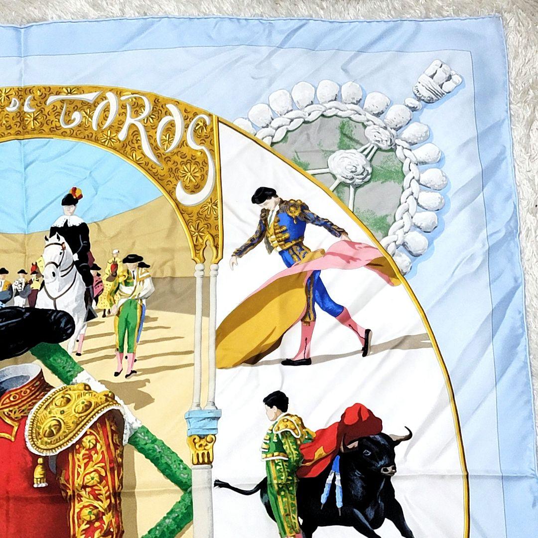 エルメス カレ90 PLAZA DE TOROS 闘牛場 スカーフ 水色 シルク