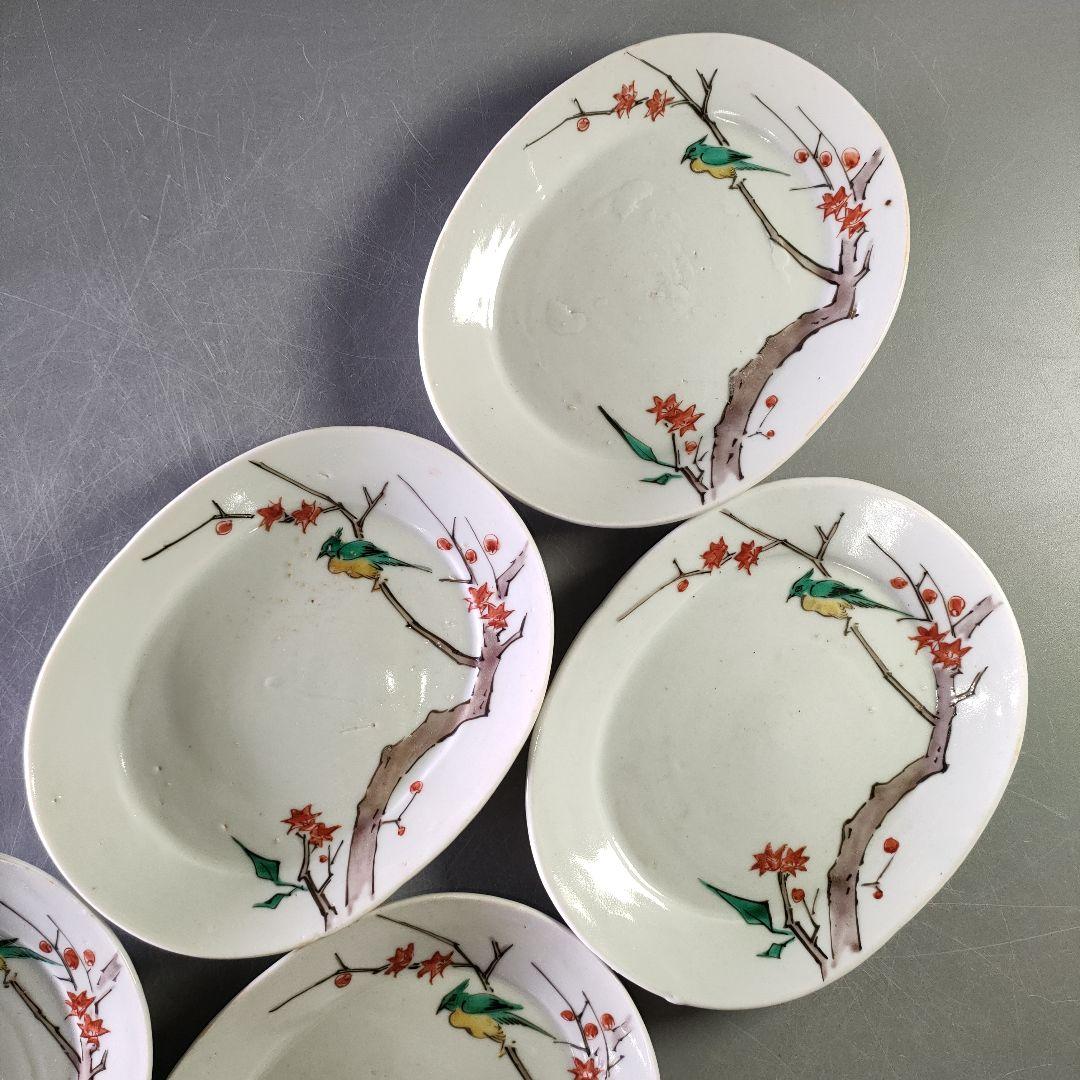 A1210-3/古九谷色絵花鳥文銘々皿5客/共箱/向付/飾皿/菓子皿/懐石道具/