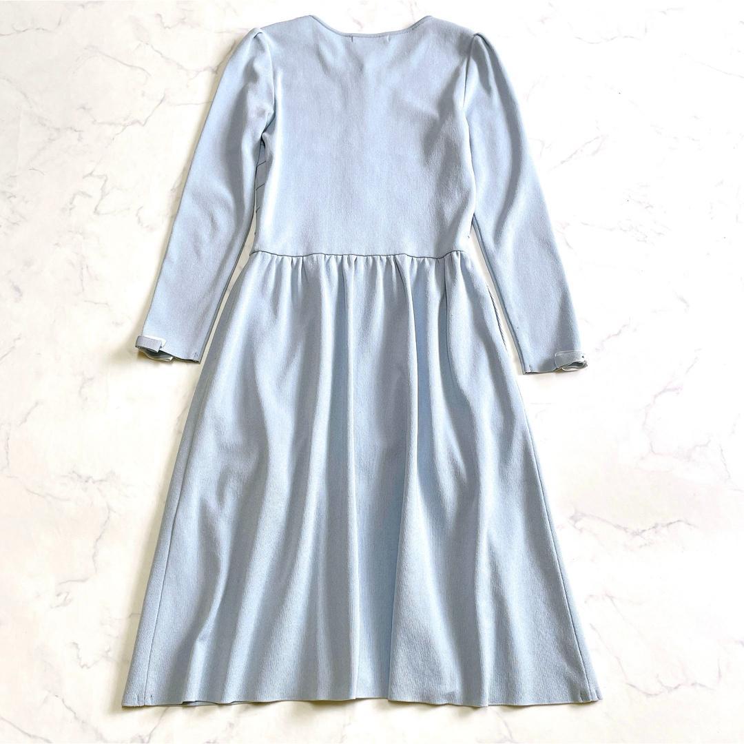 美品 ルネ ニットワンピース パール 上質アセテート 袖リボン 34 S 水色