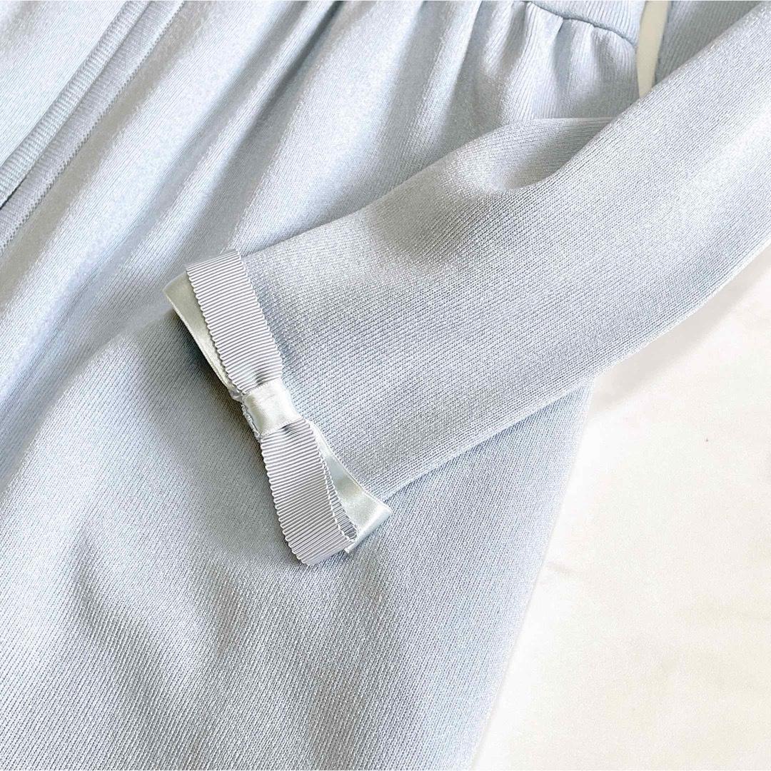 美品 ルネ ニットワンピース パール 上質アセテート 袖リボン 34 S 水色