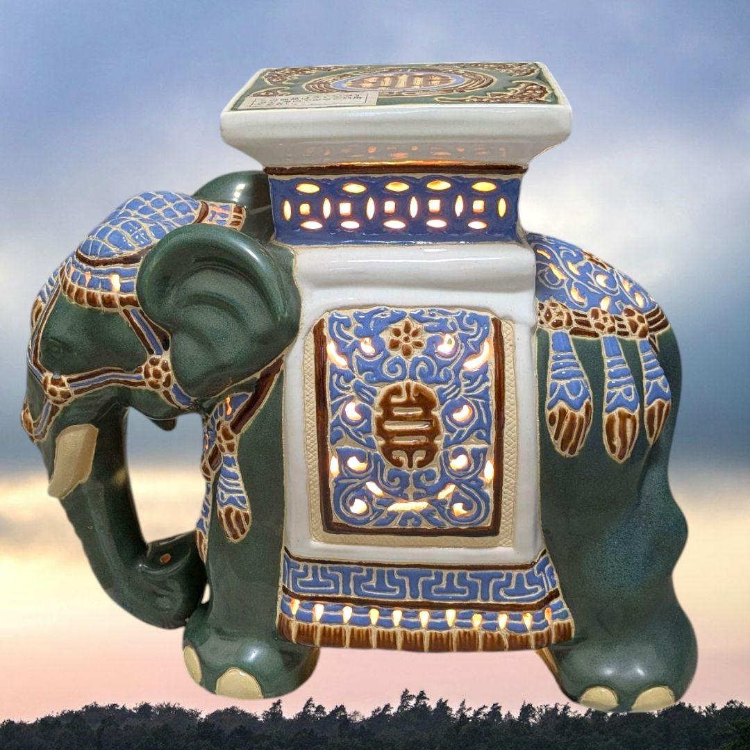 ランプ付き象 花台 陶器 ガーデニング 置物 オブジェ インテリア 玄関 鉢置き