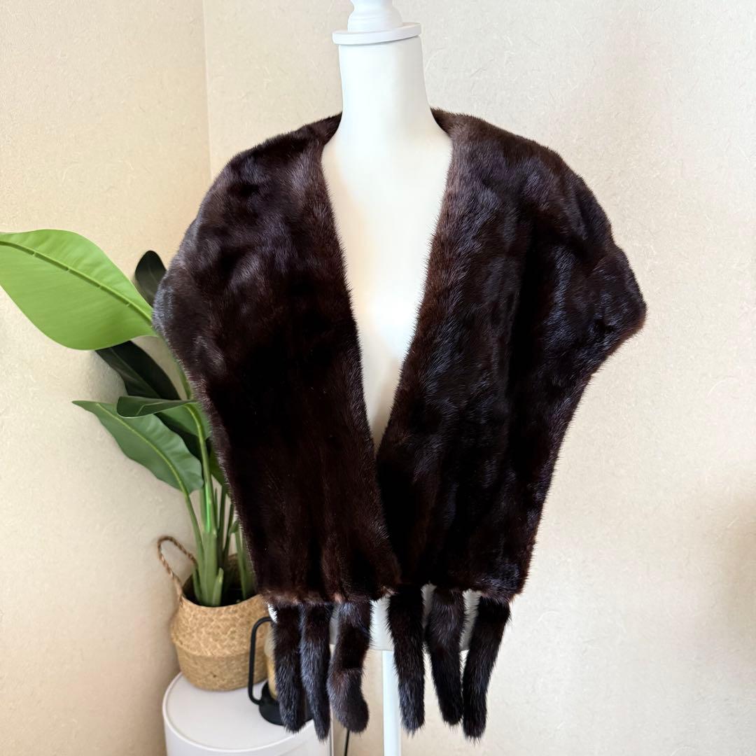 美品★EMBA ブラックグラマミンク ショール ストール 本毛皮 毛並み◎艶◎