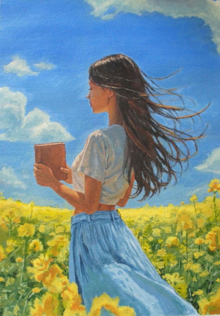 女性とひまわり【額装付き】