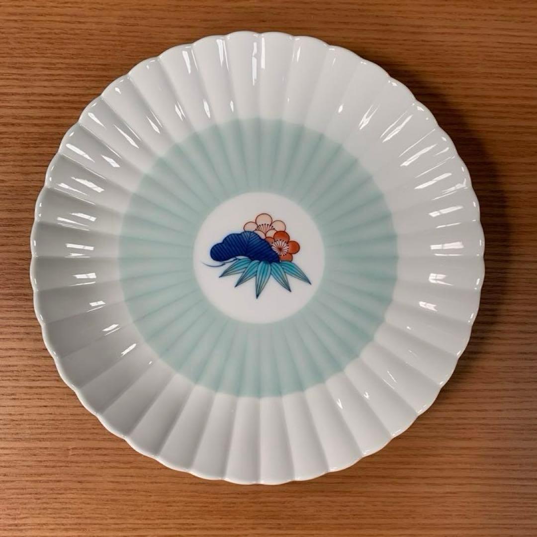 伊万里焼 畑萬陶苑：青磁掛分松竹梅文 菊割6.5寸皿 5枚組セット☆