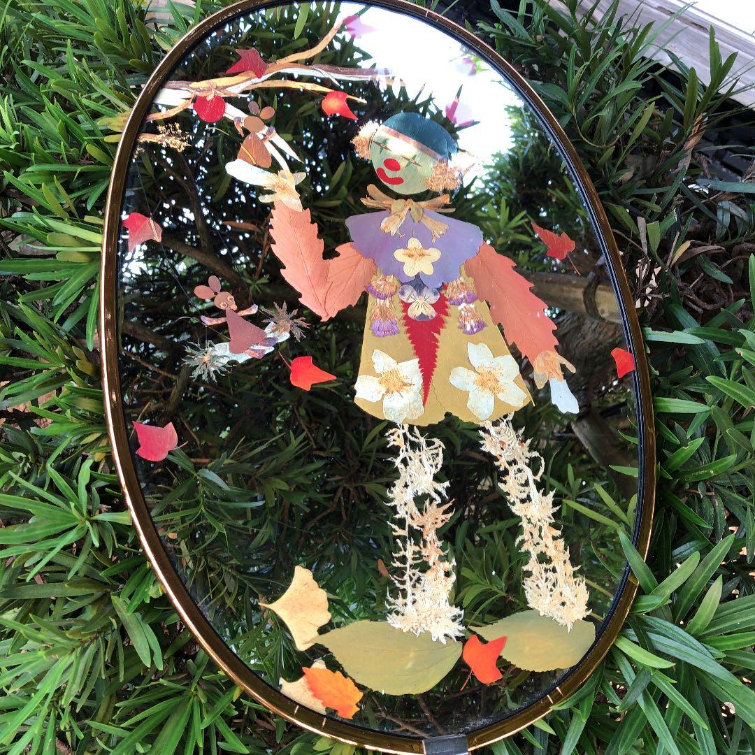 ミラー、壁掛け、ピエロ、押花葉っぱ鏡