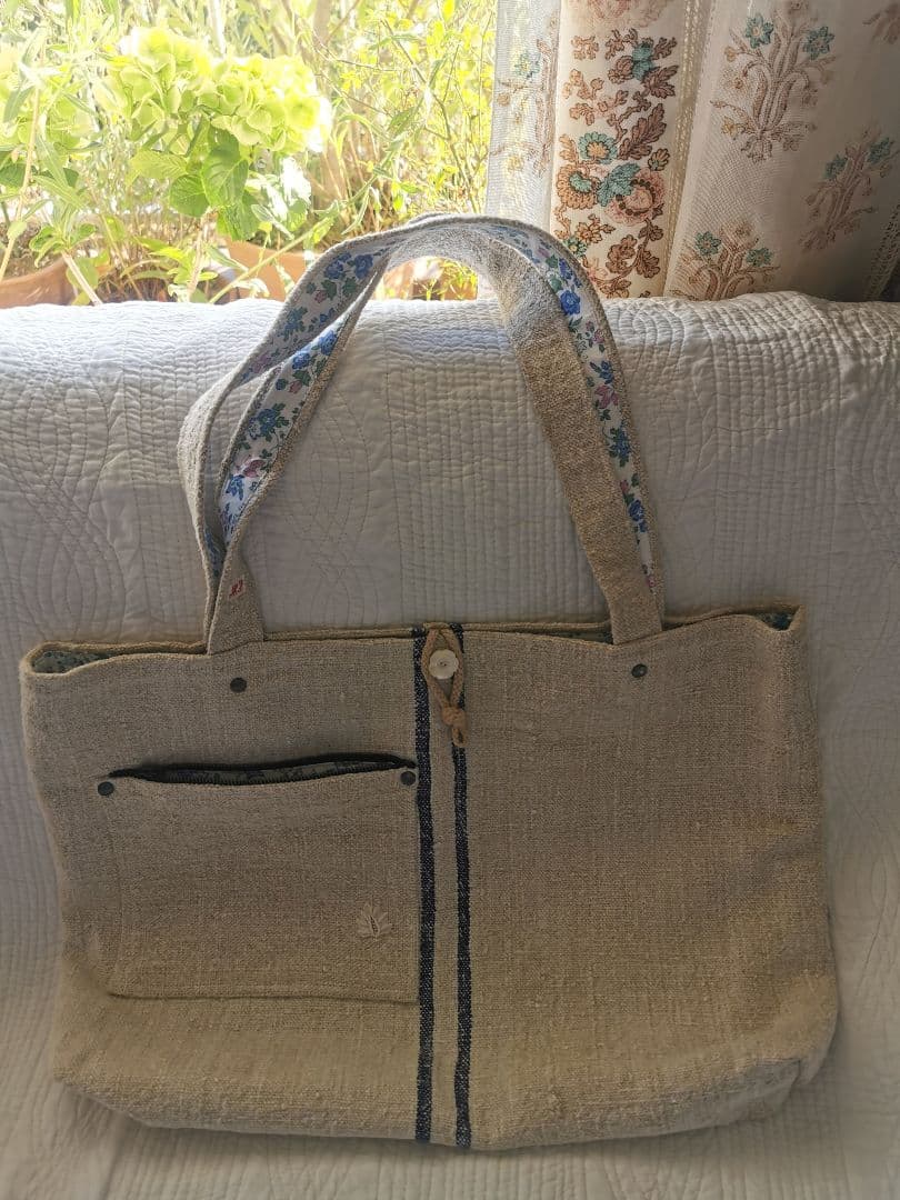 アンティーク アンティークホームスパンリネン＆フレンチファブリックトートバッグ