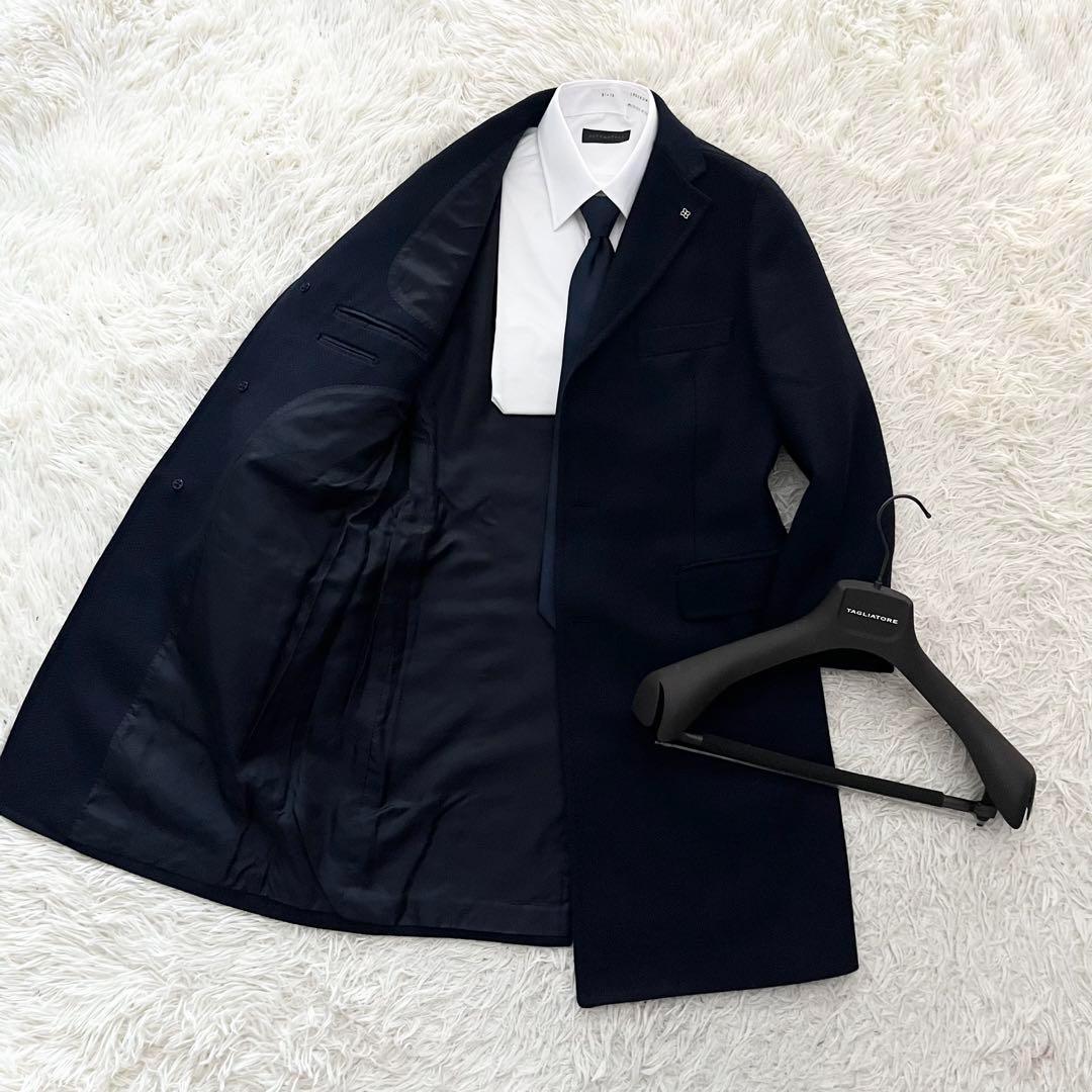 <美品>TAGLIATORE ウール カシミヤ ネイビー チェスターコート 46