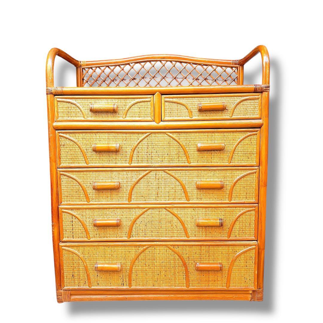 美品 ラタン調 籐 タンス チェスト 5段収納家具 ナチュラル 引き出し6個