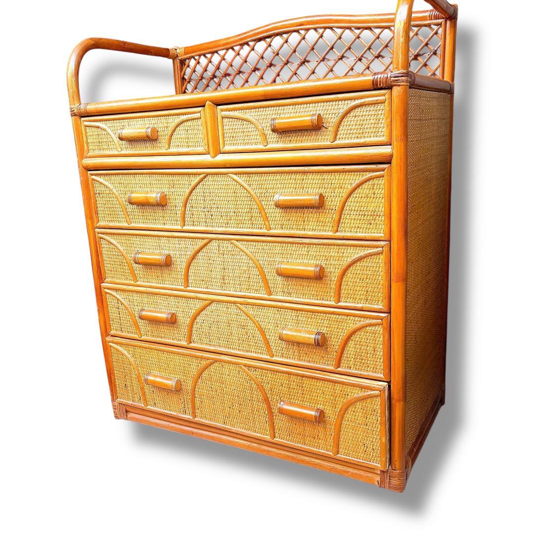 美品 ラタン調 籐 タンス チェスト 5段収納家具 ナチュラル 引き出し6個