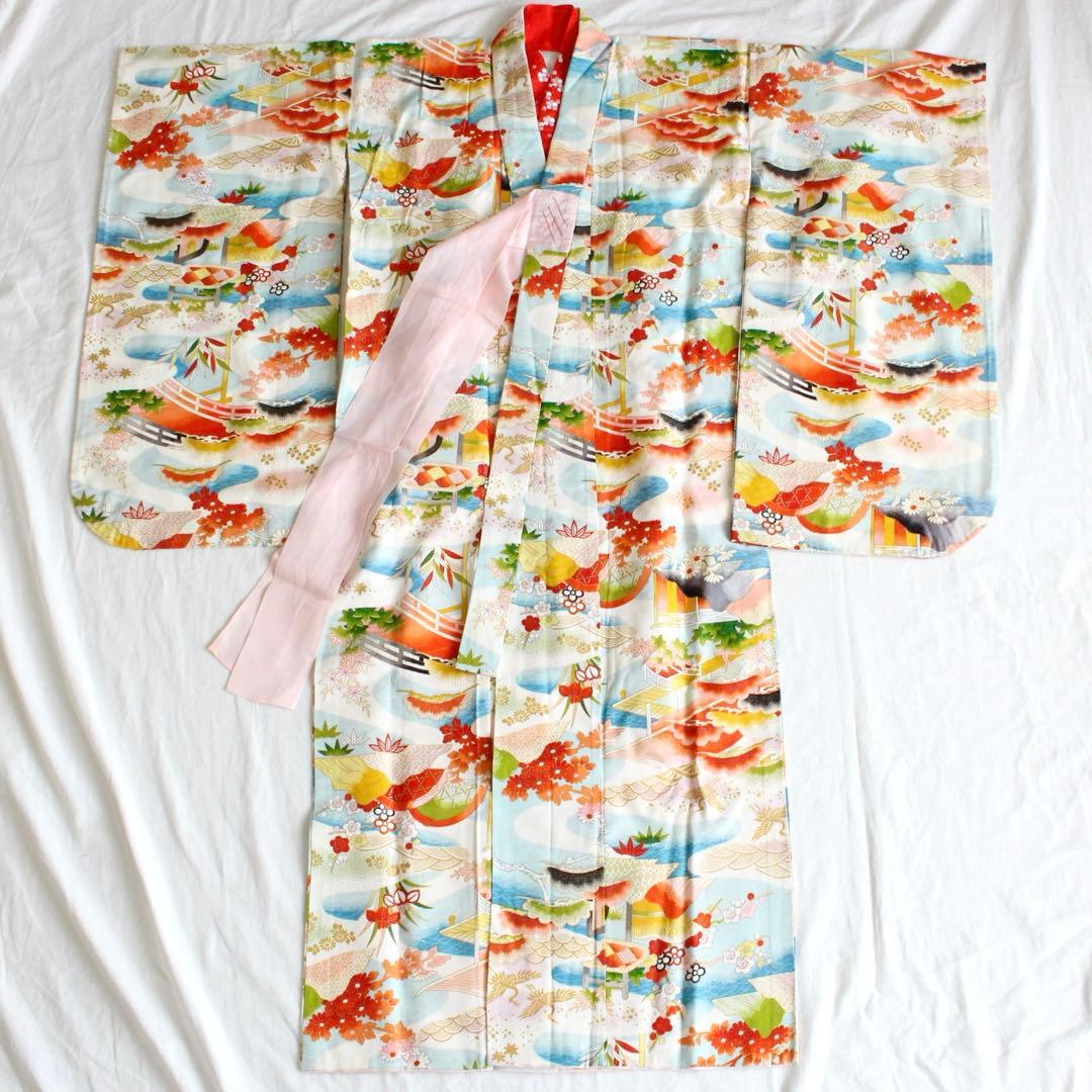 七五三 7歳 女の子 子供 水色 着物 帯 セット