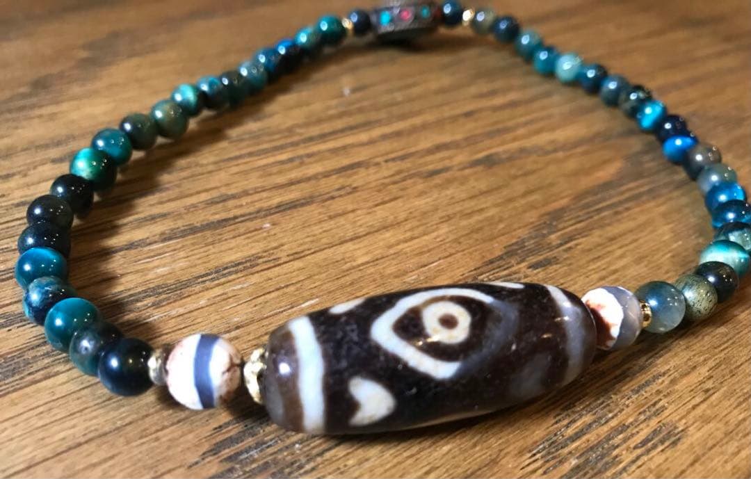 ☘️超レア 龍眼天珠（ドラゴンアイ）ジービーズ Dzi 青虎目石 ブレスレット